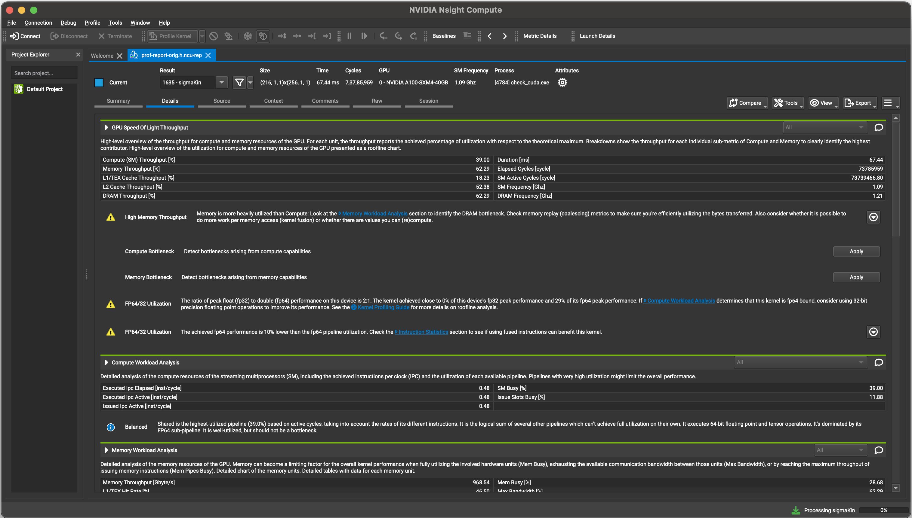 An example of a NVIDIA NSight Compute profiling report on the GUI